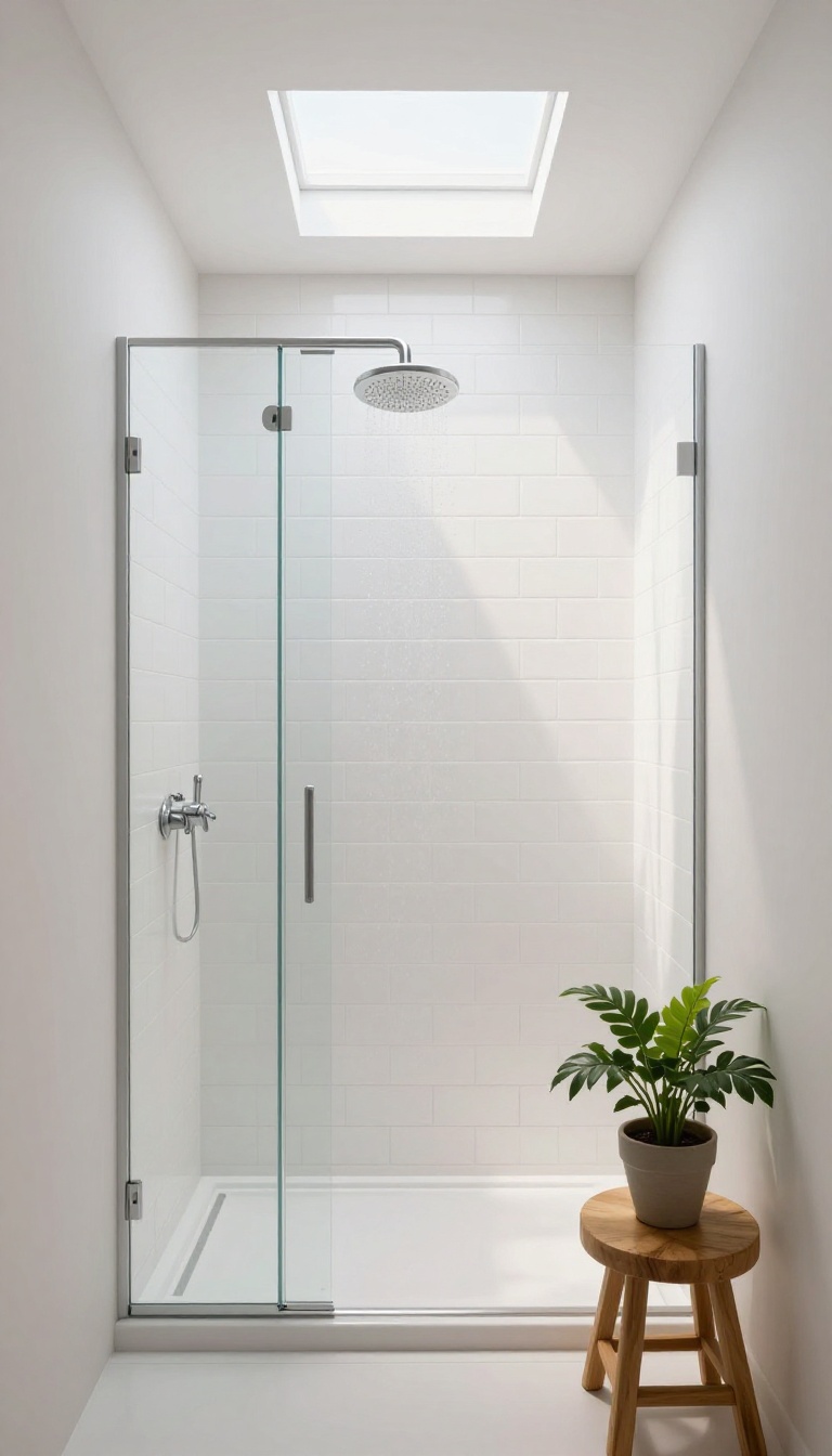 Bright small shower-only bathroom with skylight above shower, white tiles, and natural light