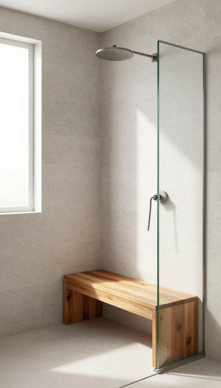 Modern bathroom shower with a built-in teak bench, natural light, and stone tile