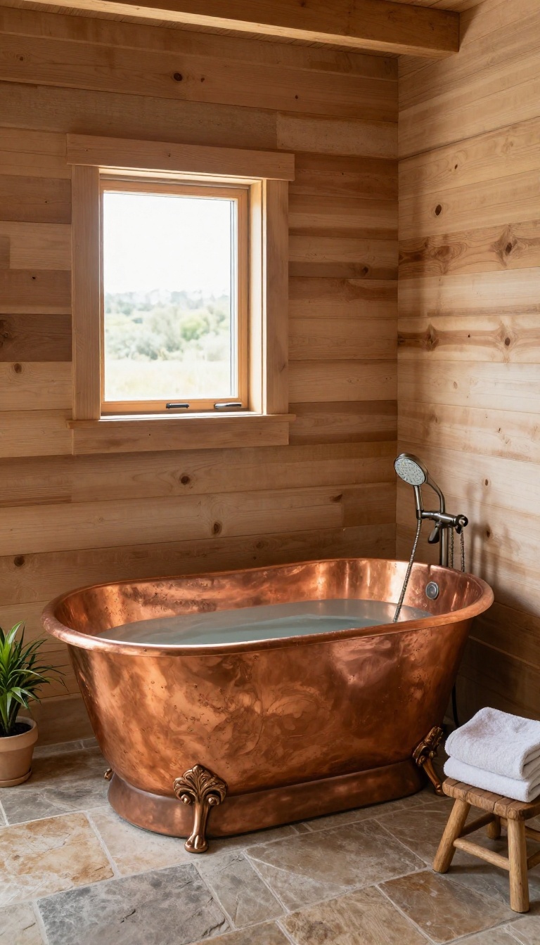 Freestanding copper tub with handheld shower in a rustic cabin bathroom