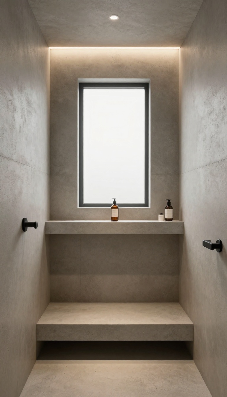 Modern concrete shower with integrated LED lighting, backlit bench, and glowing niche in a bright, spa-like bathroom.