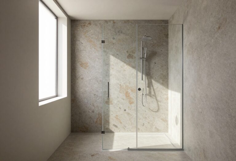 Modern shower with river rock floor and glass enclosure