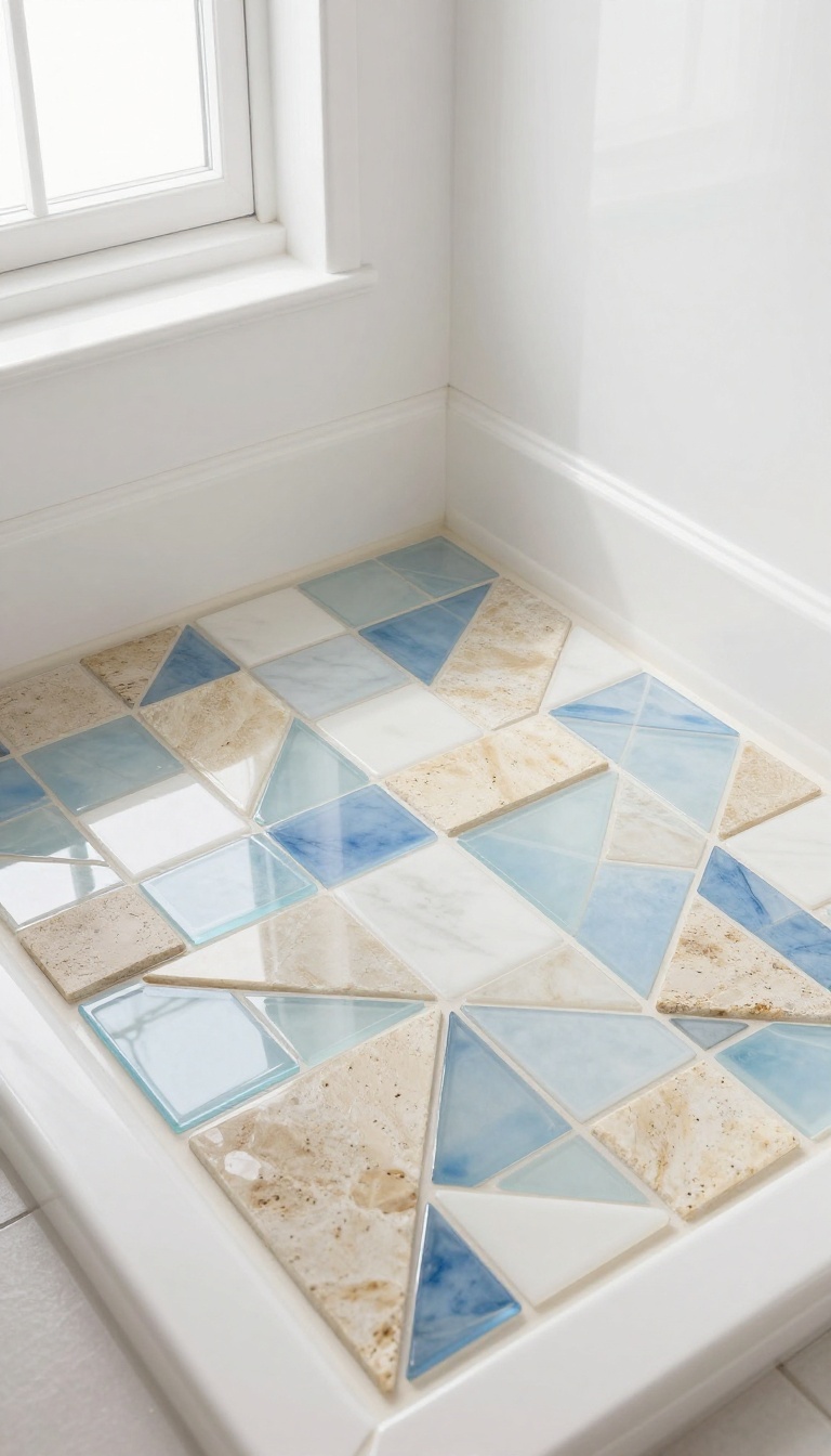 Close-up of a mosaic shower floor mixing stone, glass, and ceramic tiles in a diamond pattern