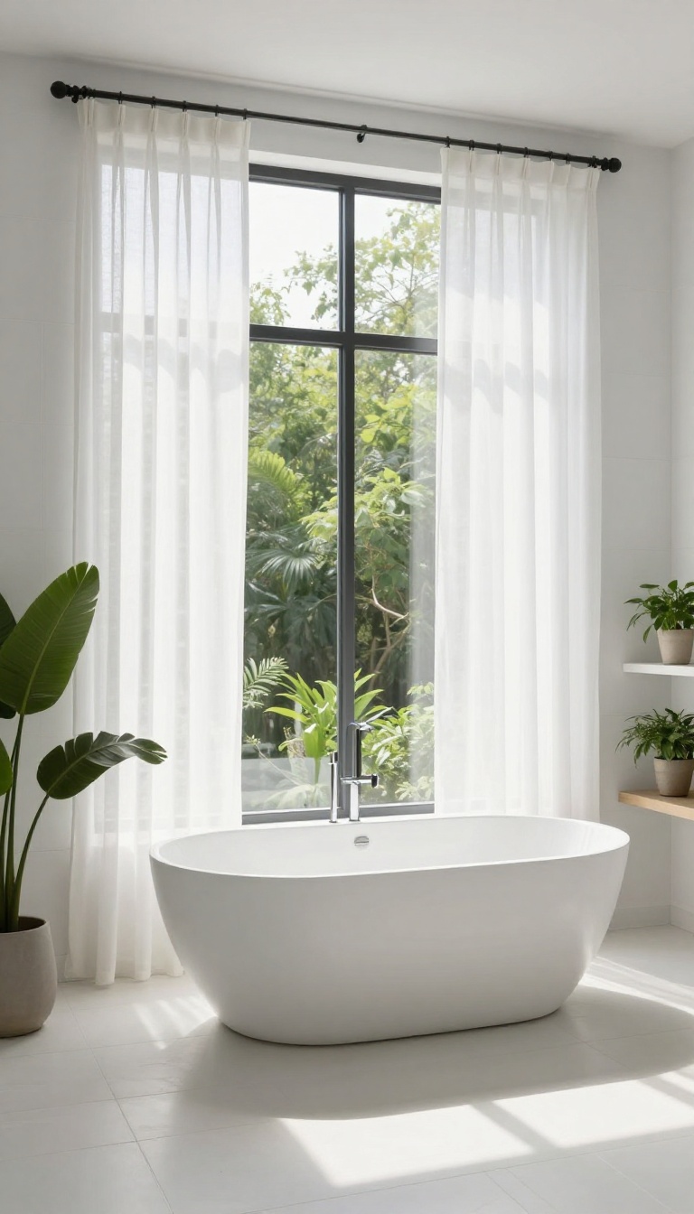 Sheer white curtains in a bright bathroom with natural light and a freestanding tub
