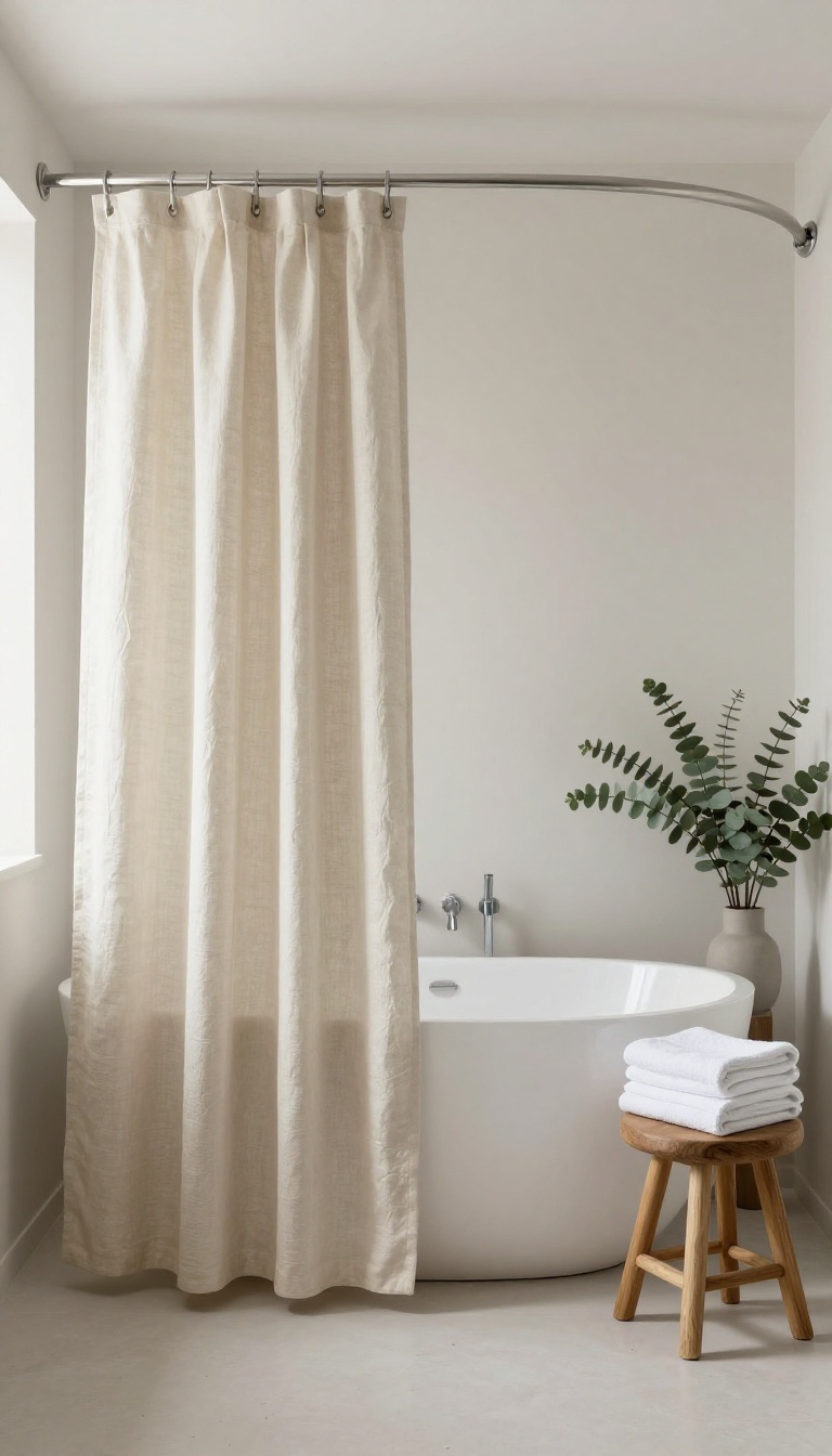 A bright, airy bathroom with a floor-length linen shower curtain in a soft beige tone, hanging from a curved rod, with a freestanding tub and natural accents.