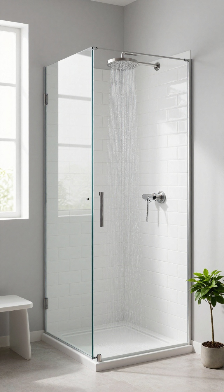 Small shower with white subway tile in herringbone pattern, bright natural light, modern bathroom design