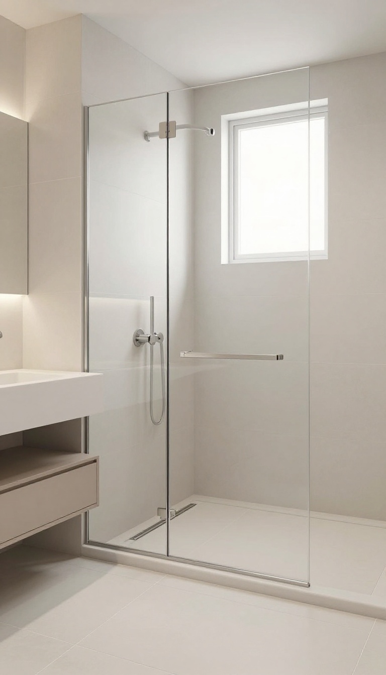 Small modern bathroom with curbless walk-in shower and seamless tile floor