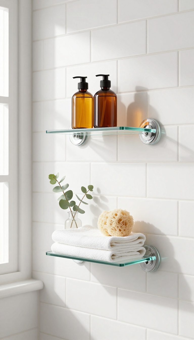 Suction cup shelves in a modern bathroom holding shampoo and accessories
