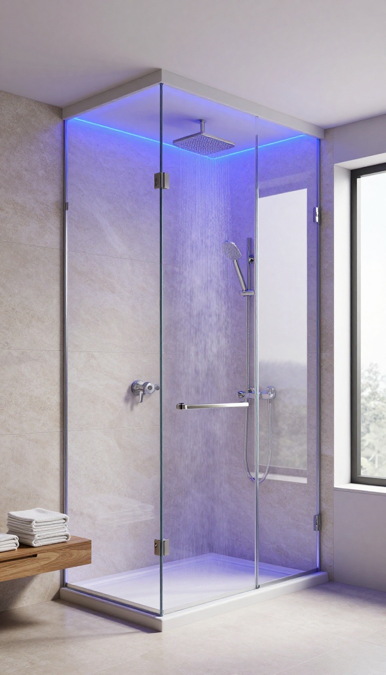 Modern spa shower with chromotherapy LED lighting in blue and purple tones