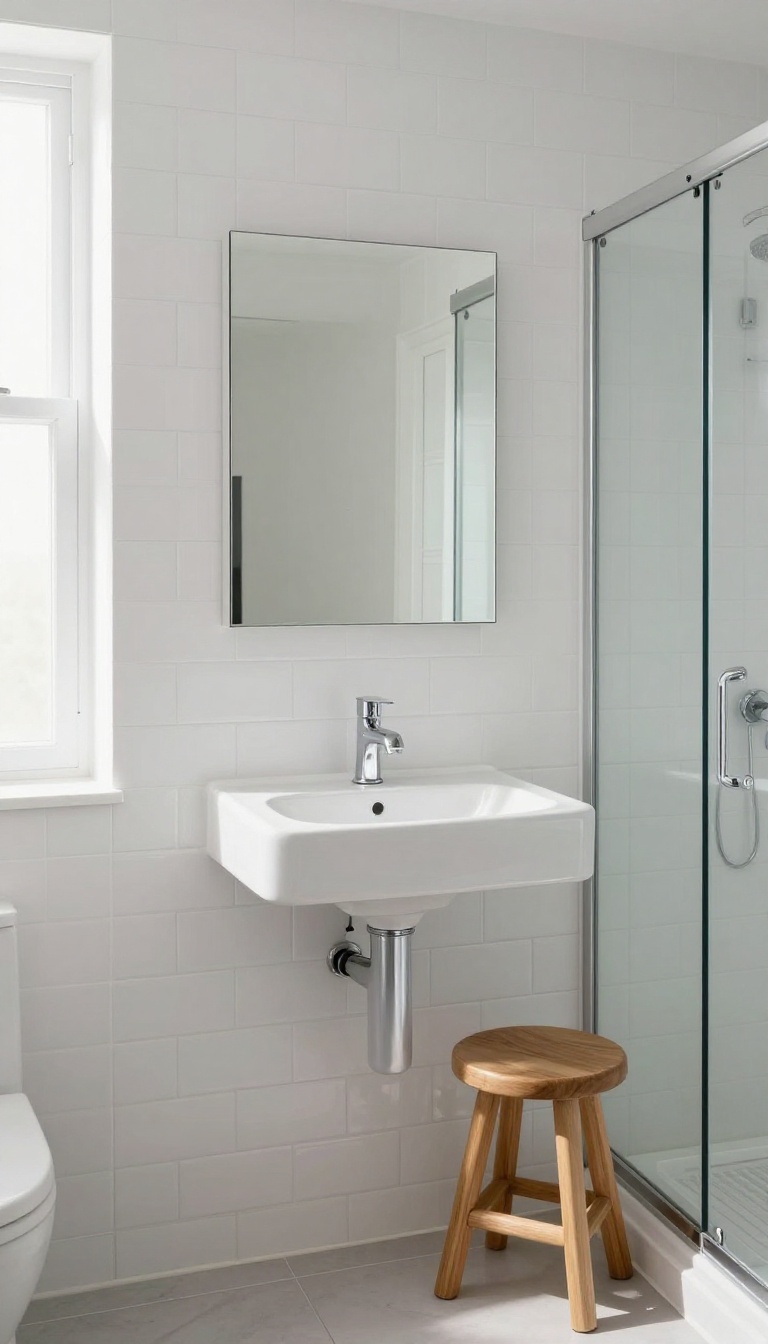 Small bathroom with recessed medicine cabinet above sink, flush with tiled wall, bright natural light
