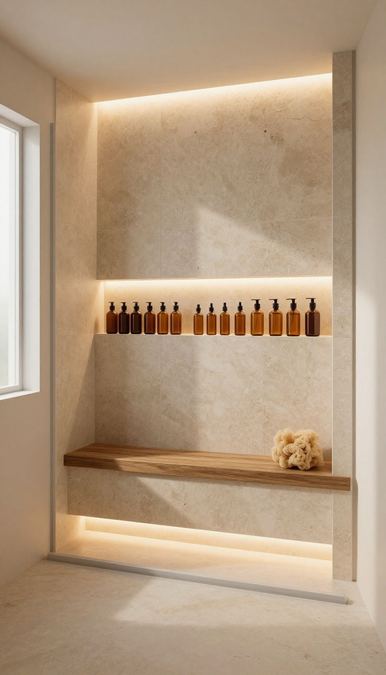 Curbless walk-in shower with a recessed niche lit by warm LED strip lighting, showcasing toiletries on a stone tile wall.
