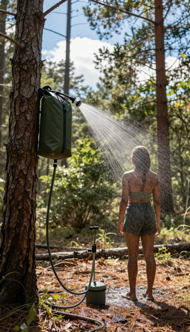 A person using a gravity-fed shower bag hanging from a tree branch in a sunny forest, with water flowing from the adjustable nozzle.