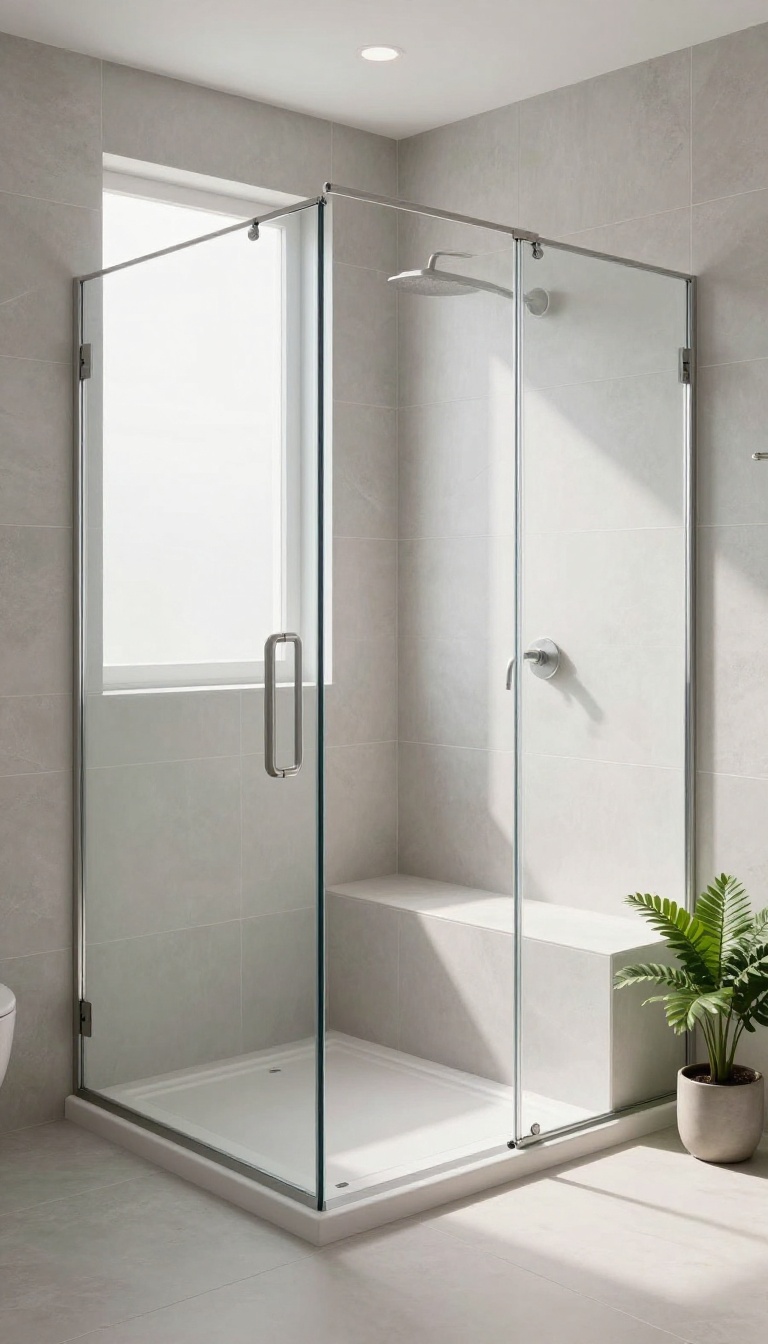 Modern bathroom shower with a built-in tile bench, natural light, and spa-like ambiance