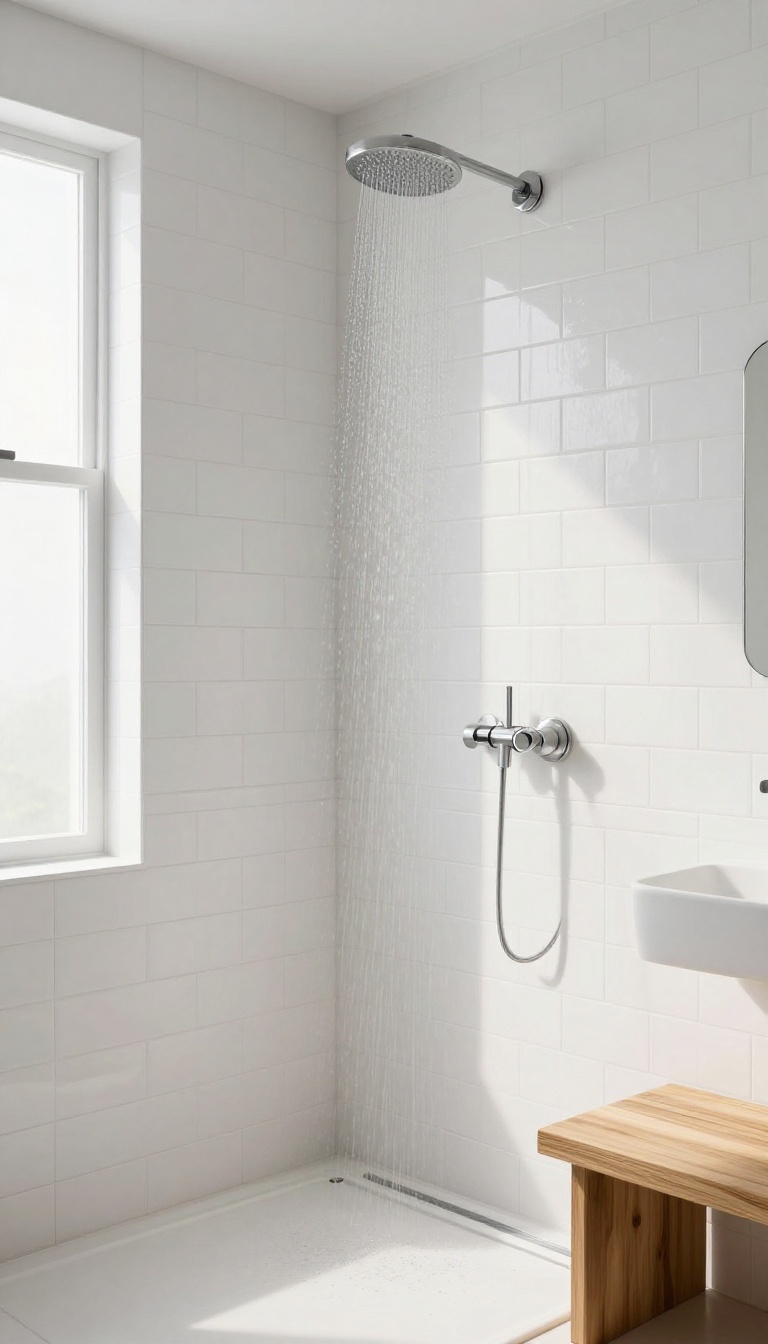 Modern bathroom shower with large matte white subway tiles, vertical stack layout, and teak wood bench