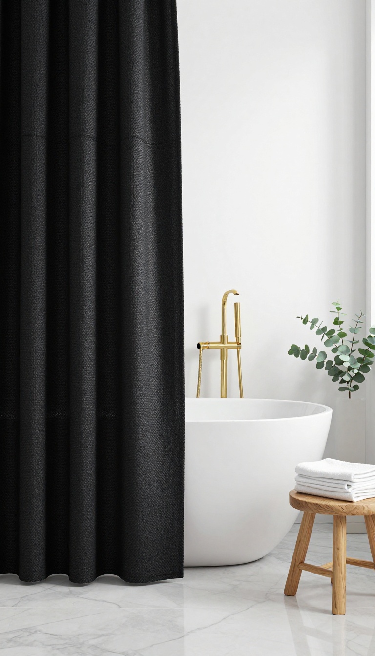 Black waffle weave shower curtain in a bright spa-like bathroom with wooden stool, white towels, and eucalyptus plant.