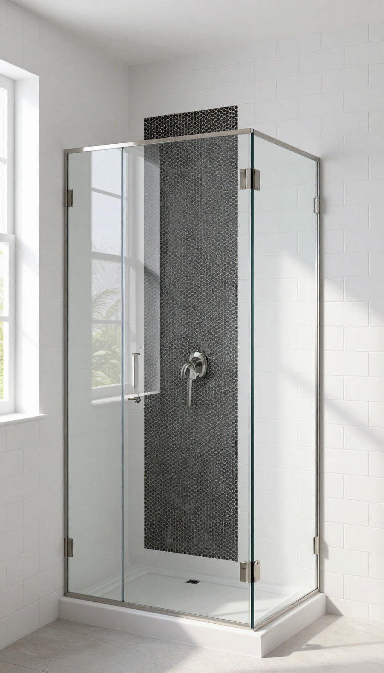 White subway tile shower with a built-in niche featuring dark hexagon tile insert and metal trim, bright natural light.