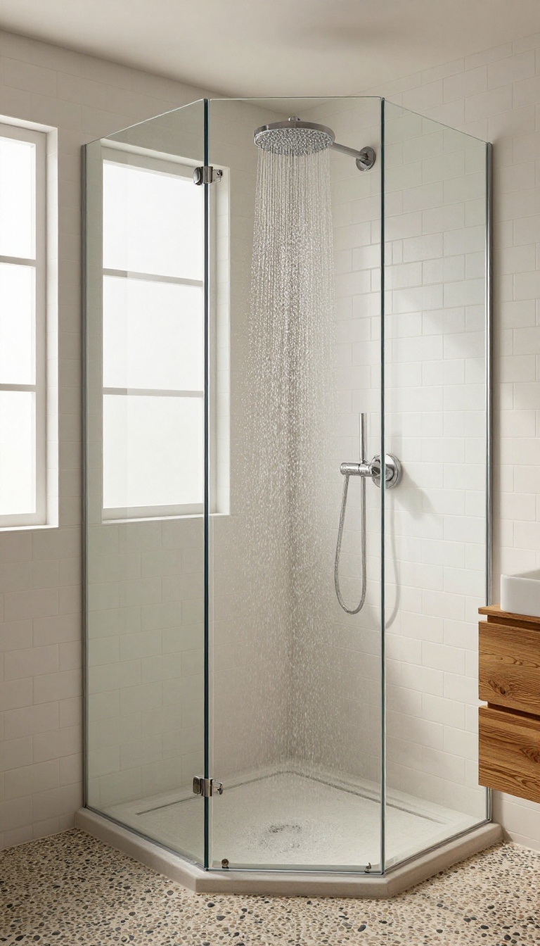 Corner walk-in shower with a ceiling-mounted rainfall showerhead and glass enclosure