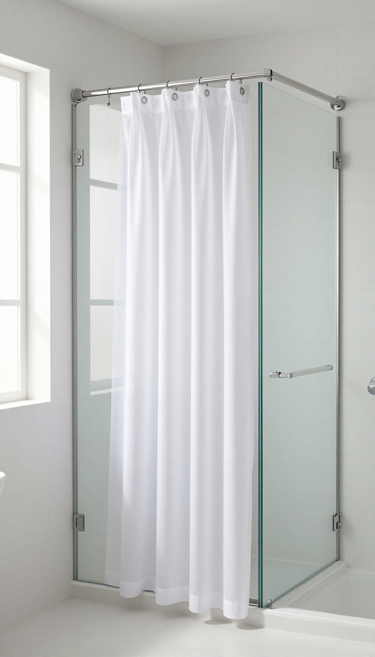 Tension rod holding a sheer curtain over a glass shower door in a bright bathroom