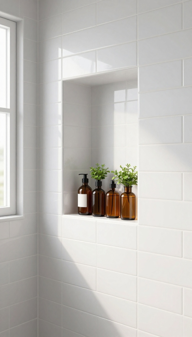 Glossy white subway tiles in a shower niche reflecting light, with amber bottles and a plant, set against matte gray wall tiles.