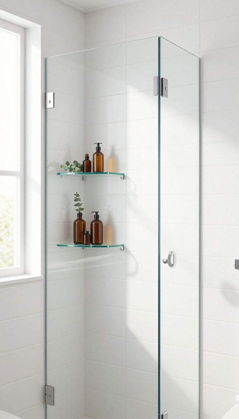 Glass shelf inserts in a bright, airy shower with amber bottles and eucalyptus