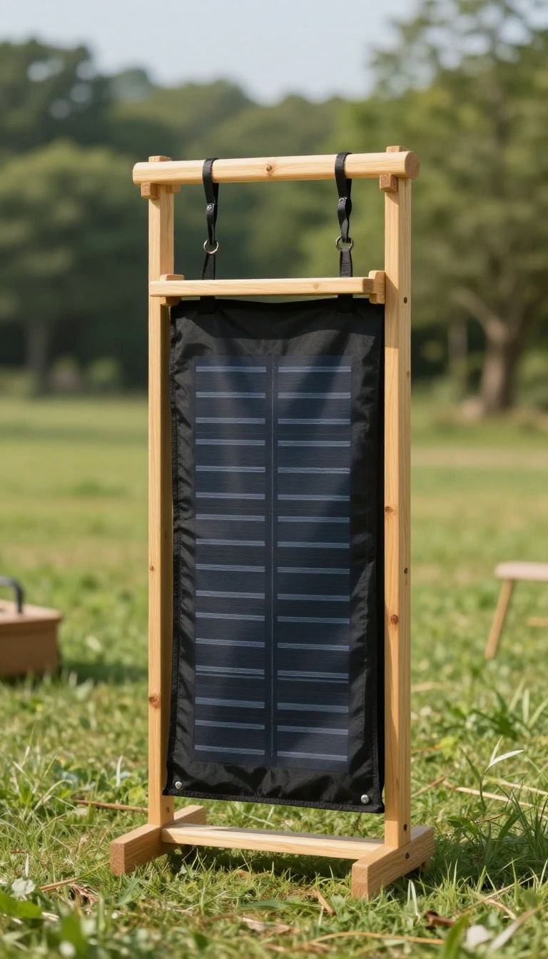 Portable solar shower bag on a wooden stand in a sunny outdoor setting