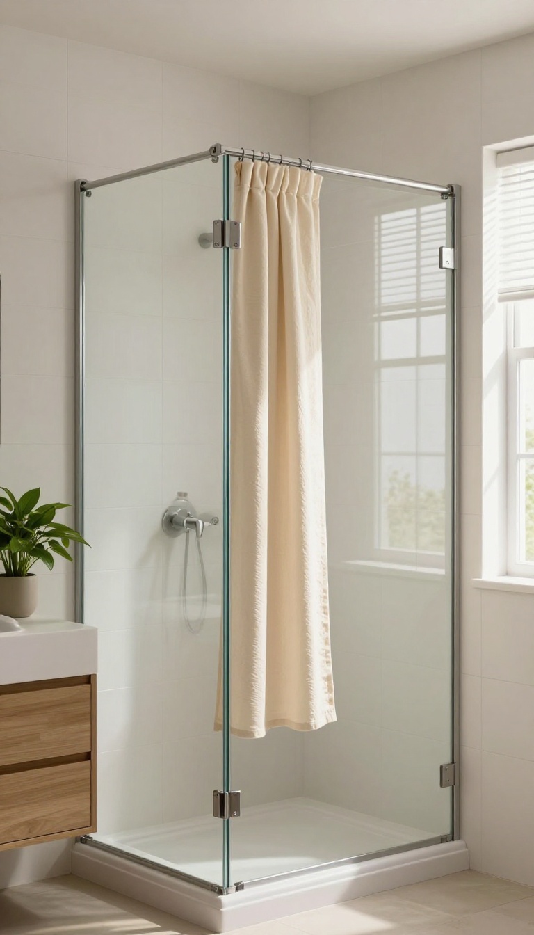 A fabric shower liner hanging over a glass shower door in a bright, modern bathroom