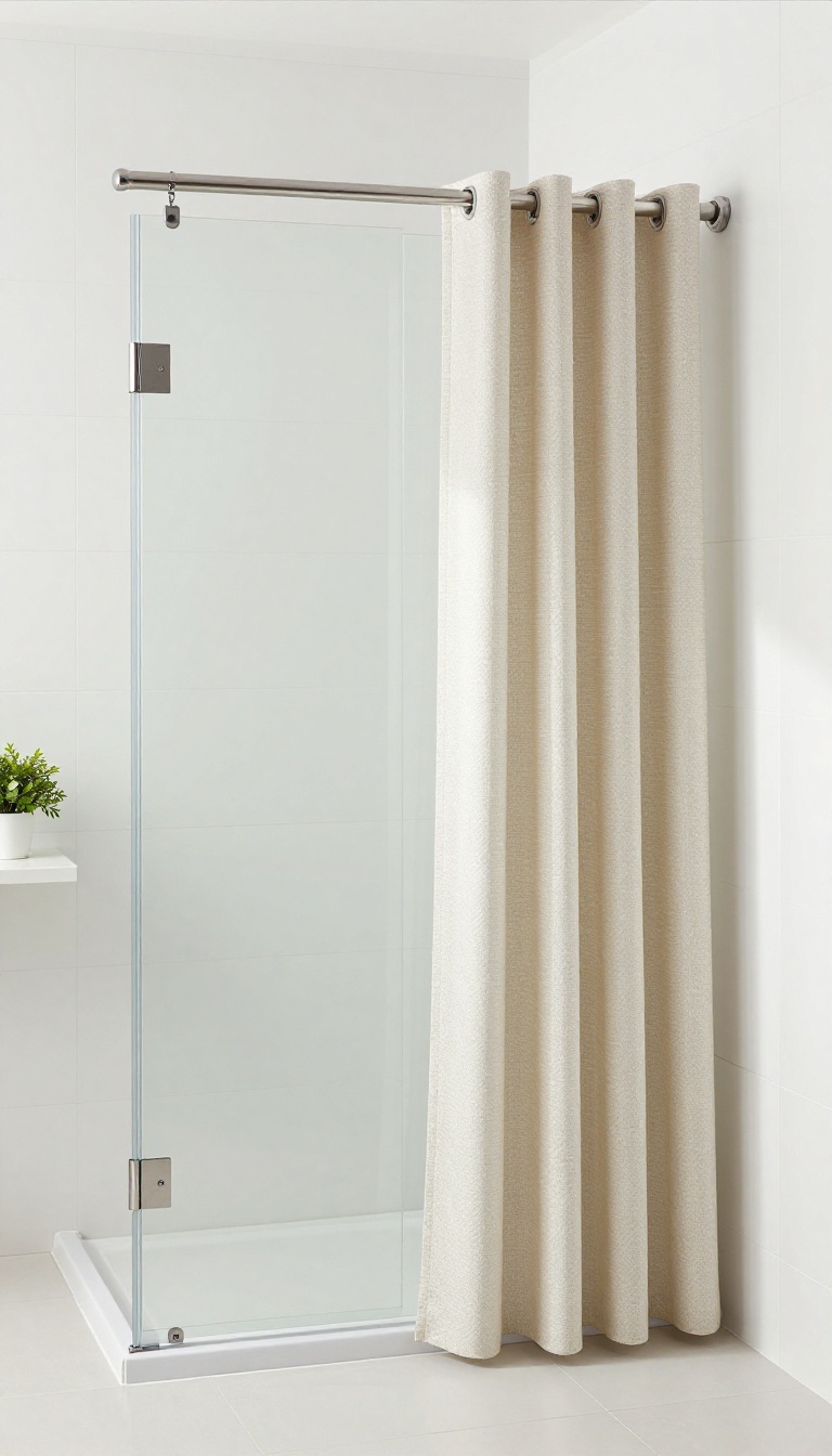 Double curtain system over a glass shower door with a clear liner and decorative outer curtain in a bright bathroom.