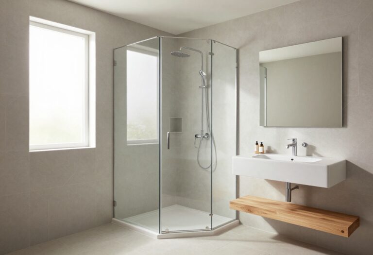 Small bathroom with corner shower and glass panels