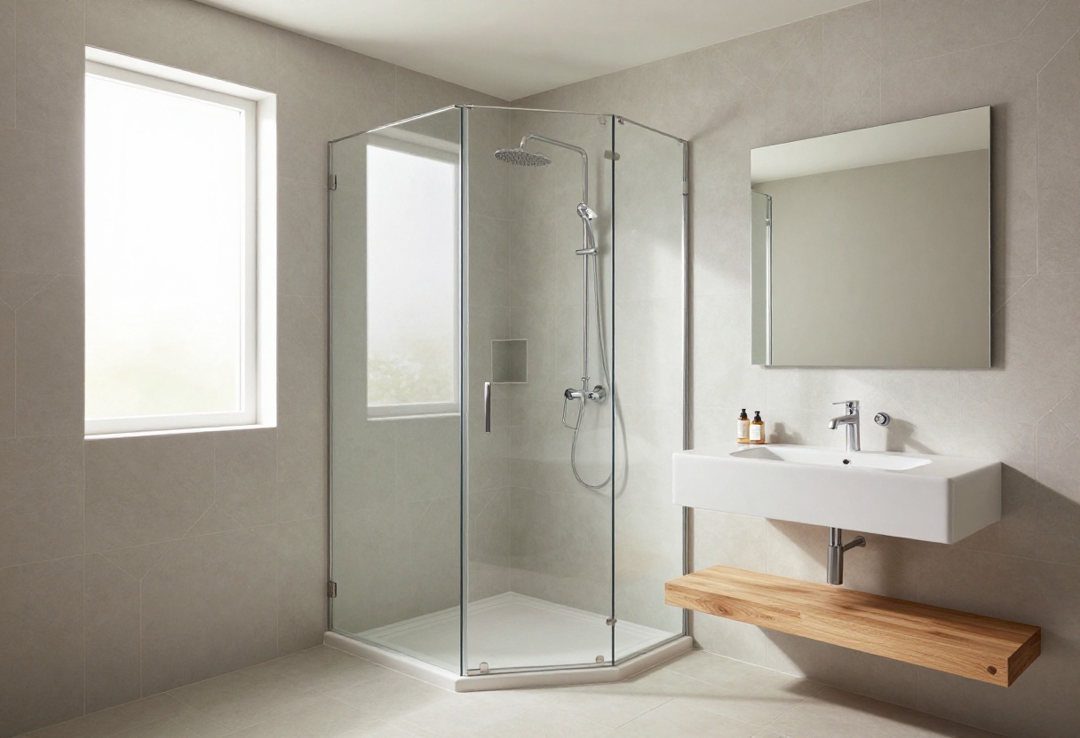 Small bathroom with corner shower and glass panels