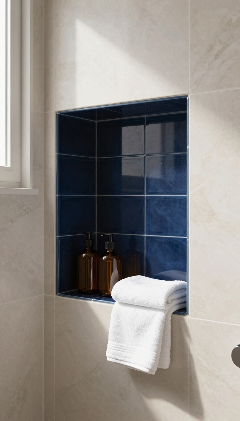 Modern shower with a navy blue contrasting niche in a light marble tiled wall