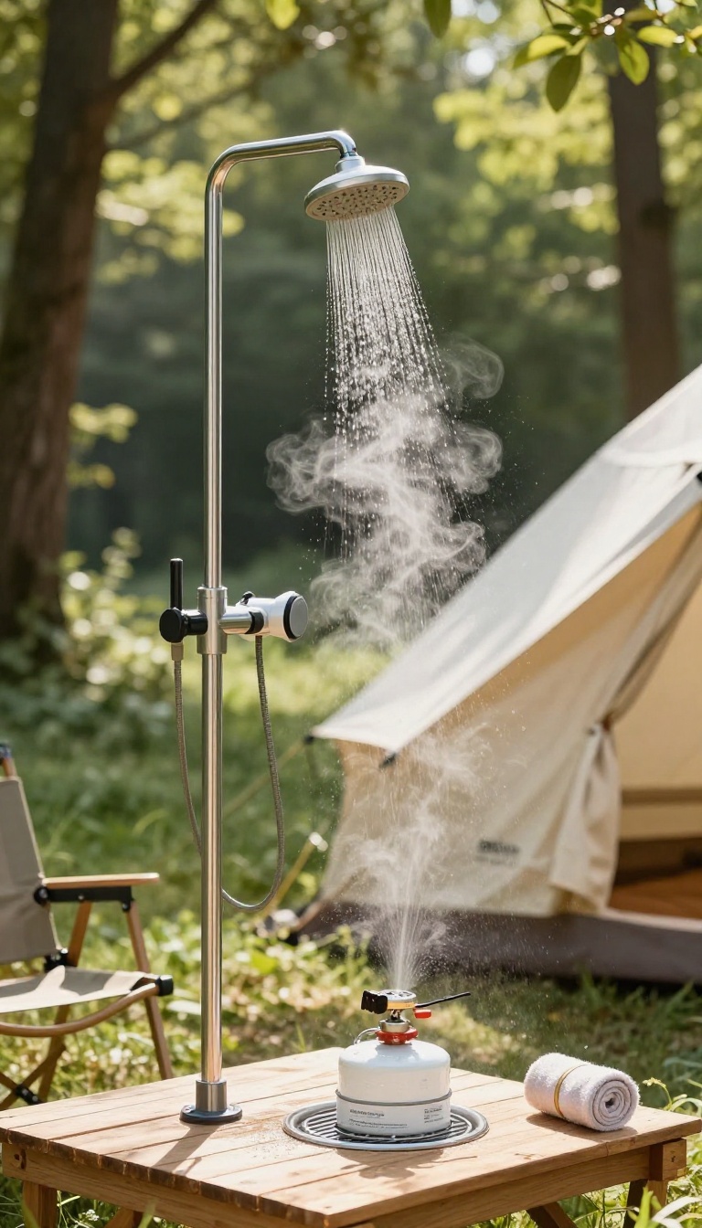 Propane-powered hot water shower set up at a campsite with steam rising, surrounded by trees and sunlight