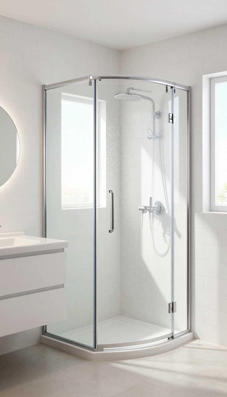 Small bathroom with a corner shower featuring a curved sliding glass door, bright natural light, and clean modern design.