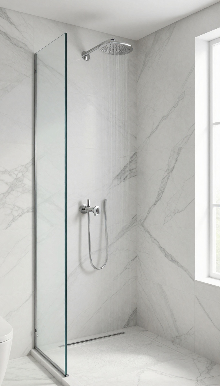 Luxurious shower with bookmatched porcelain slabs creating a seamless stone look
