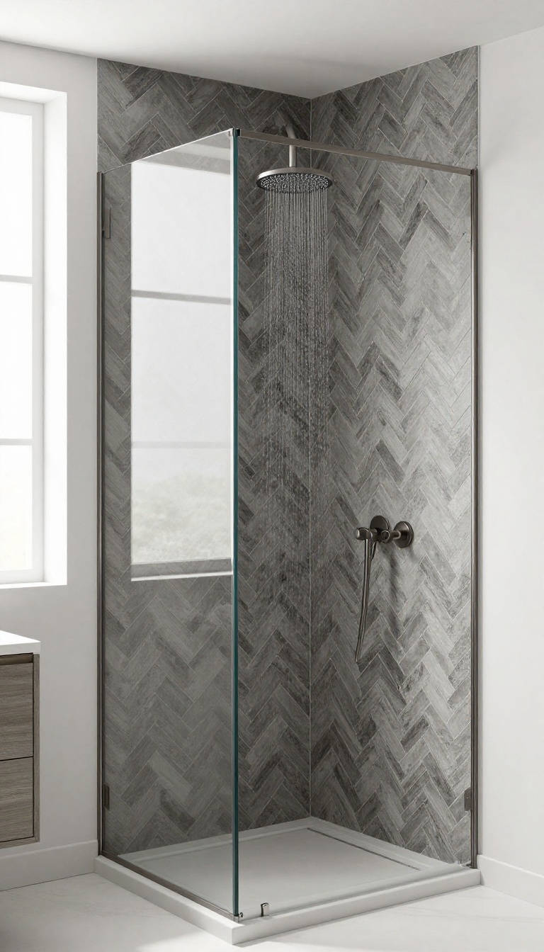 Master shower with two-tone herringbone tile pattern in gray and charcoal