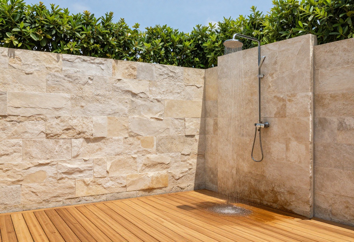 Outdoor shower with teak wood slat floor and rainfall showerhead in a sunny backyard