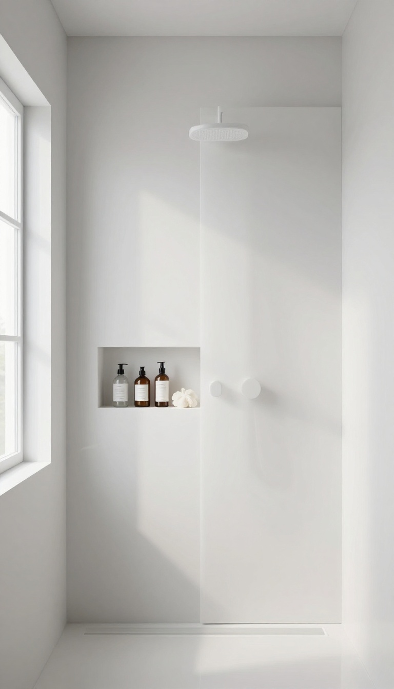 Hidden shower insert behind a waterproof panel, minimalist bathroom design