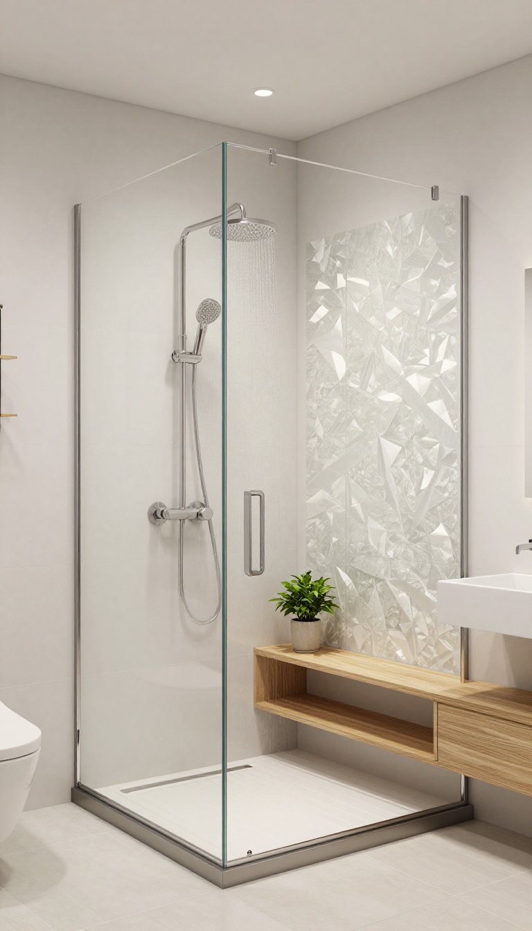 Modern bathroom with a shower window covered in a geometric privacy film, allowing natural light while maintaining privacy.