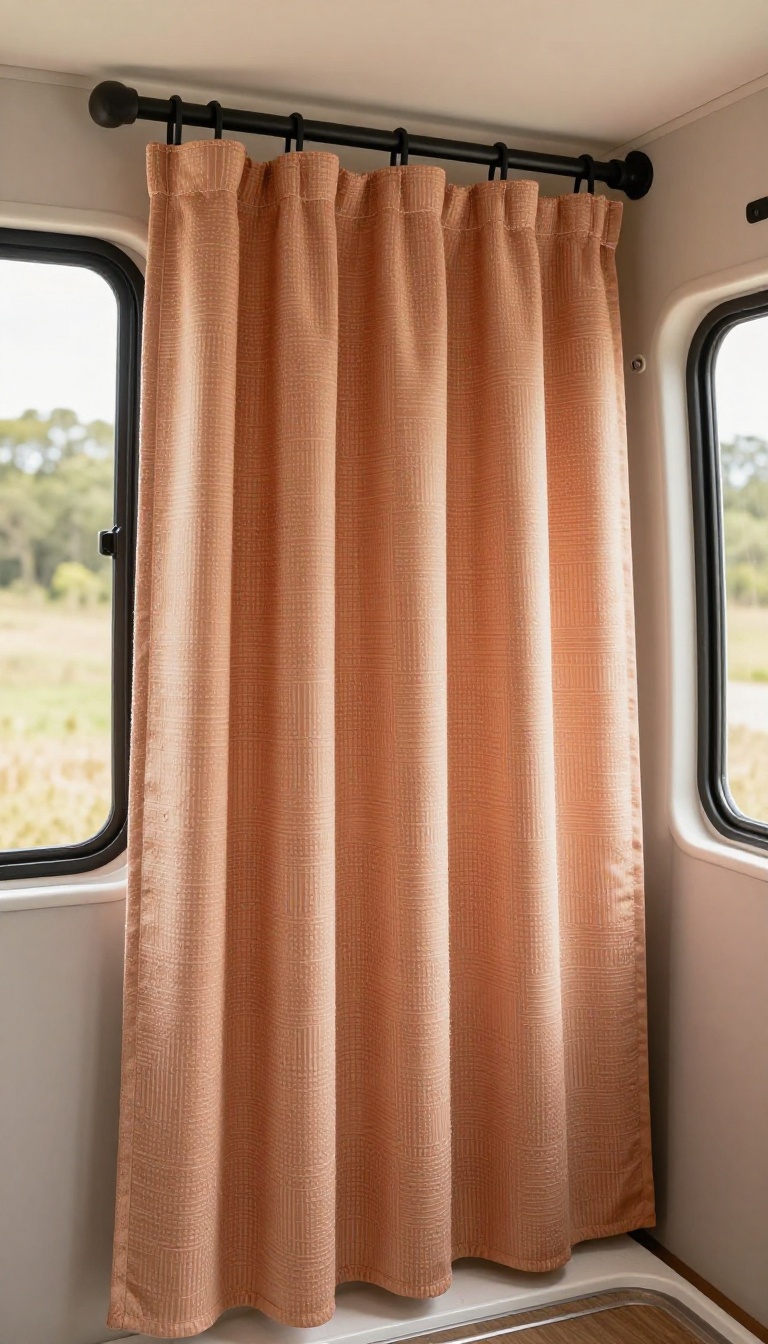 Stylish fabric shower curtain in a camper van bathroom, adding warmth and personality to the compact space.