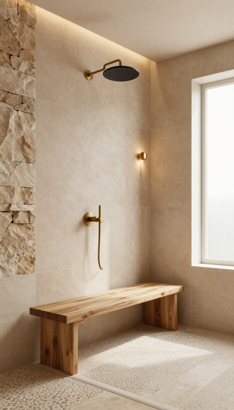 Curbless walk-in shower with earthy beige and terracotta tiles, pebble floor, stone accent wall, teak bench, and warm brass fixtures.