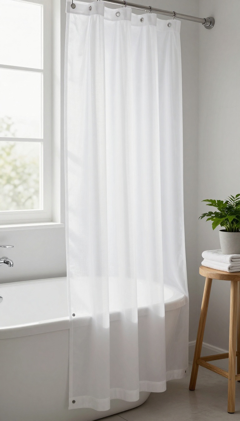Long shower curtain with magnetic liner holding it in place in a bright bathroom