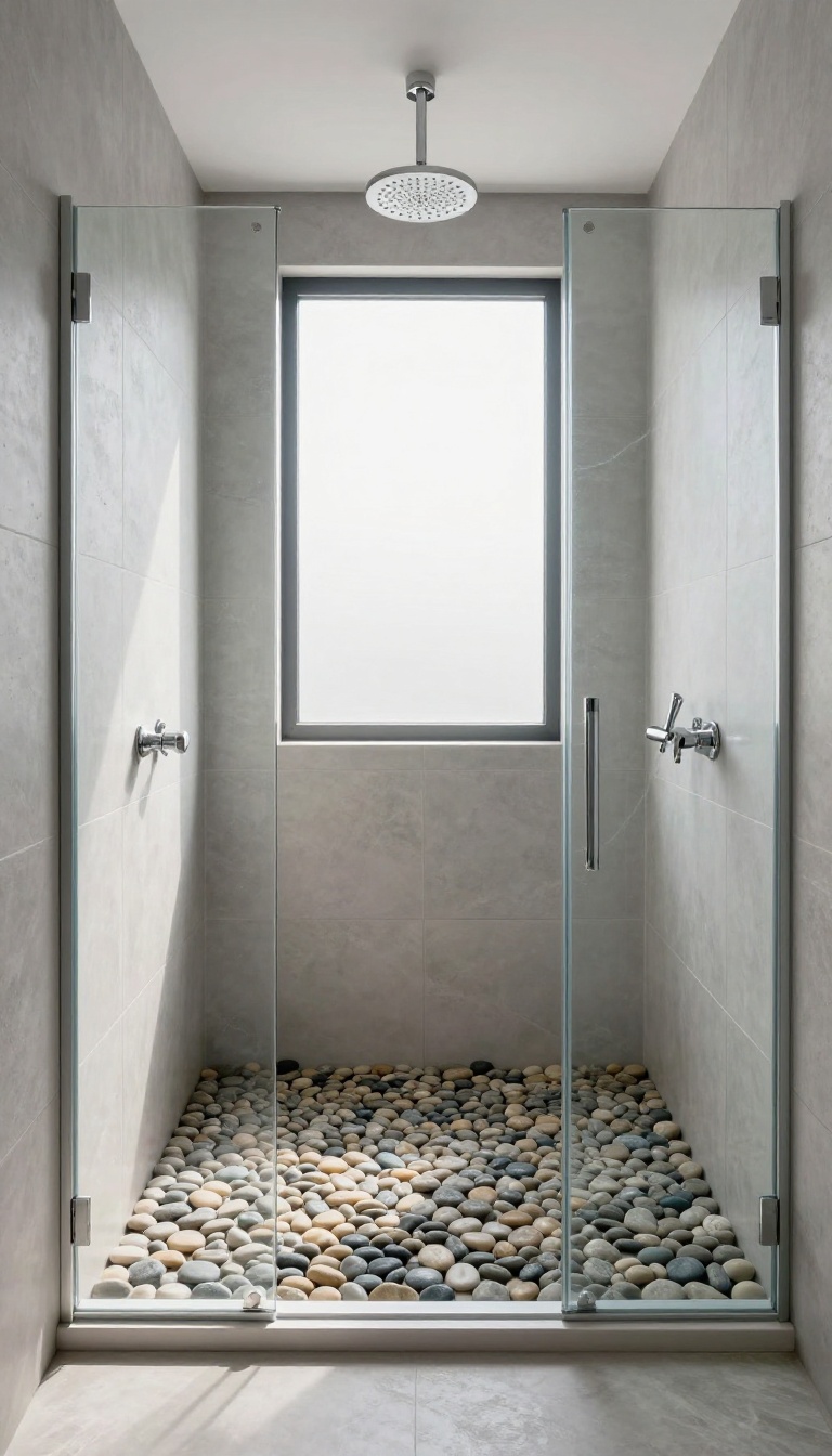 Corner walk-in shower with pebble stone floor and glass enclosure