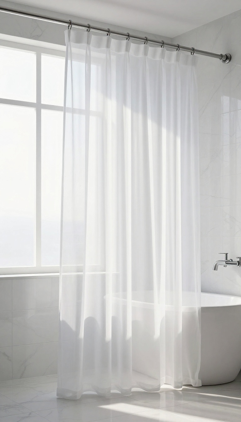 A white sheer curtain layered behind a patterned shower curtain in a bright, luxurious bathroom