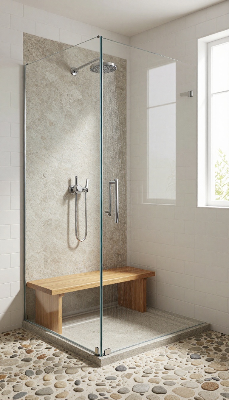 Modern shower with pebble stone floor and teak bench