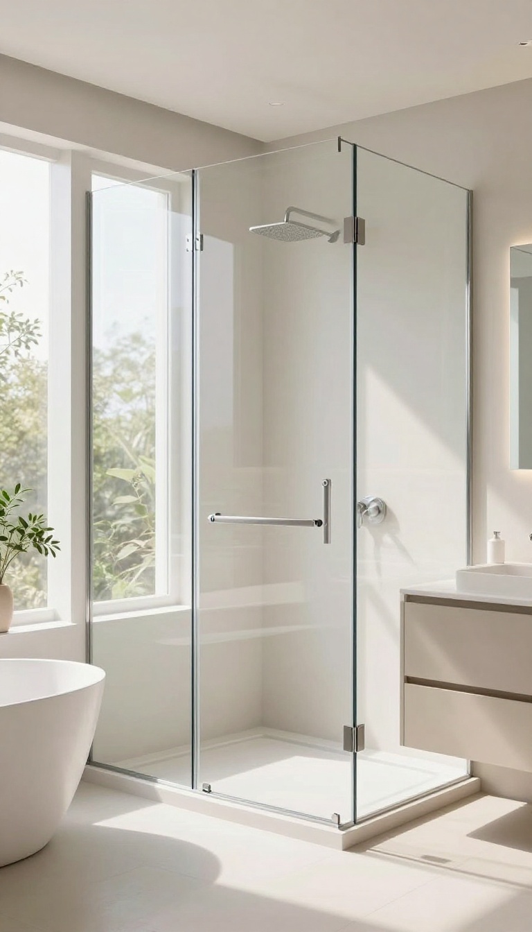 Bright modern bathroom with frameless glass shower enclosure maximizing natural light