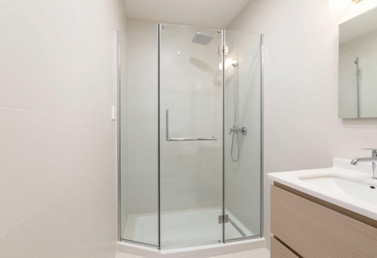 Small bathroom with corner shower and floating vanity