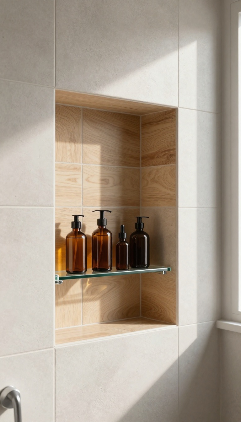 Shower niche with wood-look tile in a modern bathroom