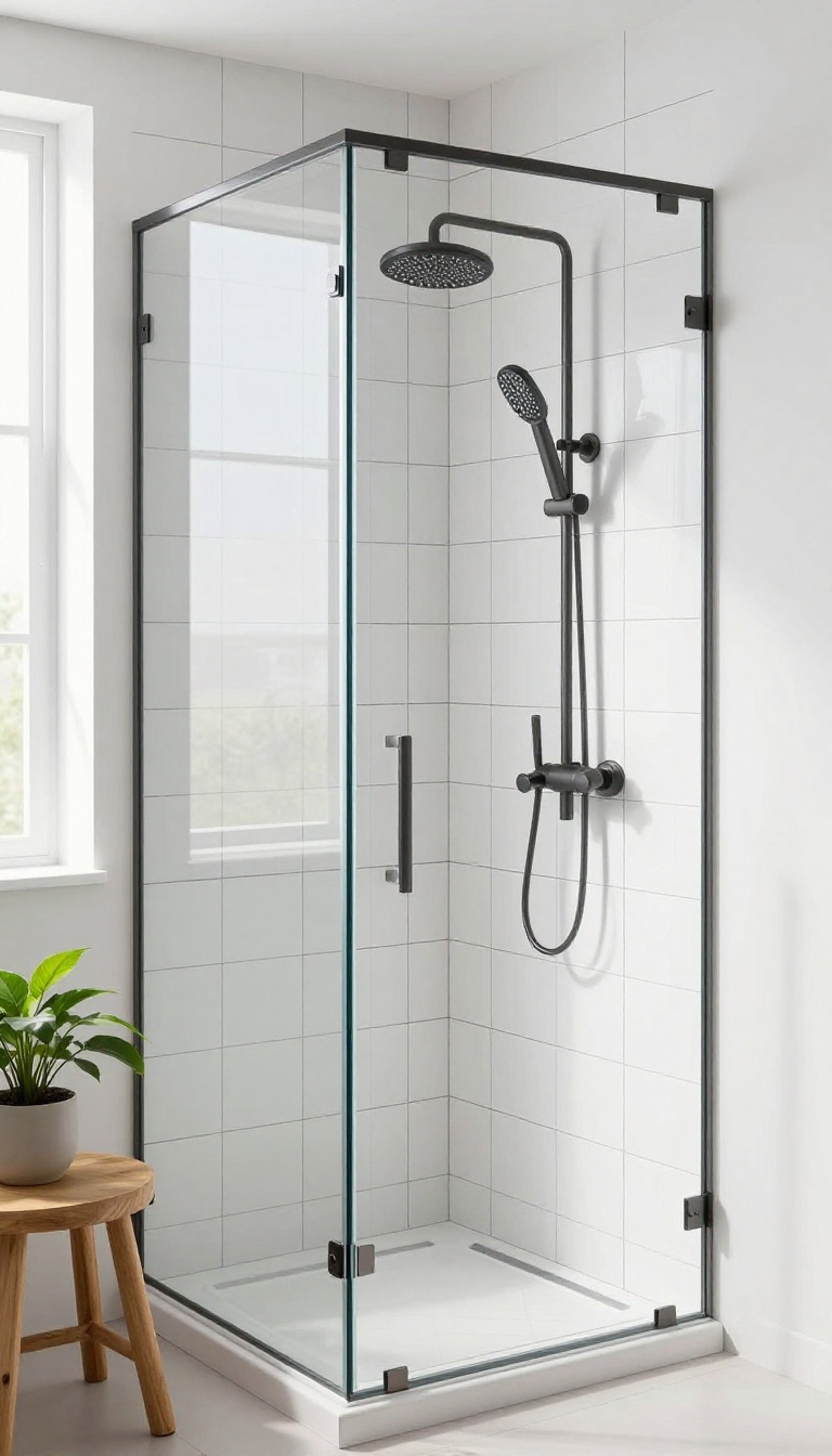 Modern bathroom shower with white square tiles and thin black grout lines, featuring a frameless glass door, brushed nickel fixtures, a wooden stool, and a green plant in bright natural light.