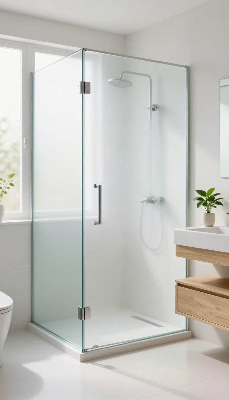 Bright bathroom with frosted glass shower panel emitting a soft, diffused glow