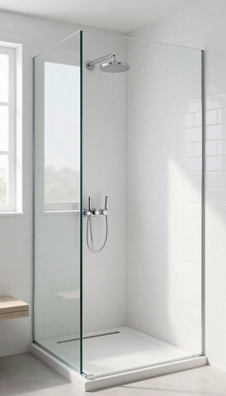 Modern bathroom shower with white subway tiles and thin matching grout lines for a seamless look
