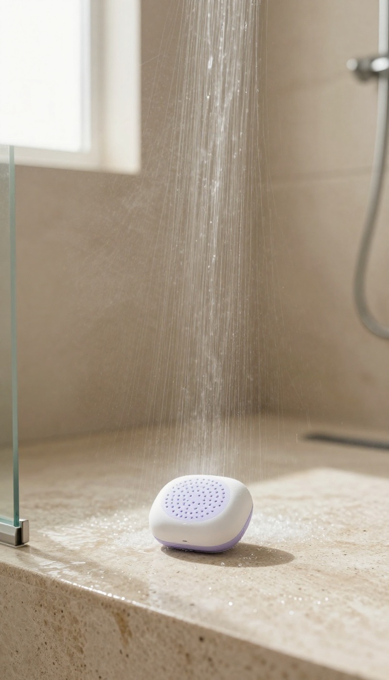 A lavender shower steamer fizzing on the floor of a bright, modern shower, releasing aromatic steam.