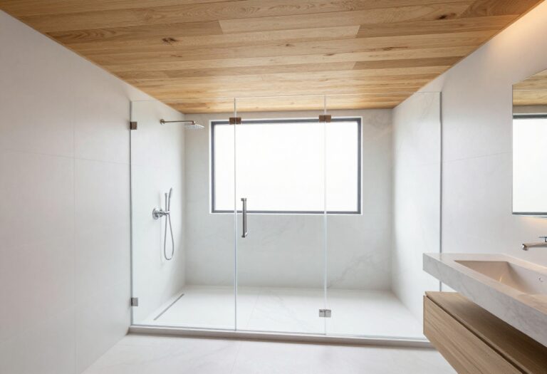 Modern shower with wood plank ceiling and glass enclosure